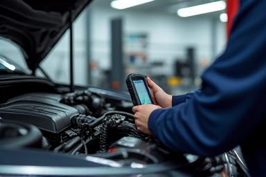 Mechanic checking car engine diagnostics