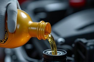 Hand pouring oil into car engine